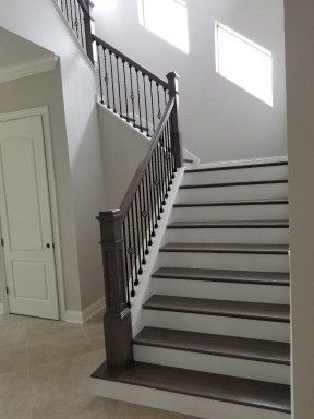 Gray Staircase, Grey Painted Stairs, Stained Stairs, Grey Stairs, Stained Staircase, Cove Moulding, Stairs Colours, Wood Stair Treads, Grey Vinyl Flooring