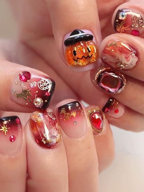 short Korean Halloween nails: pumpkin Short Halloween Nails, Y2k Nail Art, Dot Nail Art Designs, Y2k Nail, Fall Board, Modern Nail Art, Spooky Chic, Makeup Nails Designs, Hello Nails