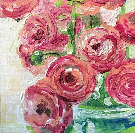 Original acrylic painting of beautiful pink ranunculus flowers from the garden by me Would make an nice addition as a stand-alone piece, or in a grouping of similar size pieces.  Size: 6 x 6 x ¾ inches on Canvas Panel Date: 2017  ORIGINAL Fine Art by me Painted in impressionistic Acrylic Inspiration, Pink Ranunculus, Ranunculus Flowers, Cut Flower Garden, Flower Paintings, Still Life Drawing, Acrylic Flowers, Small Canvas, Ranunculus