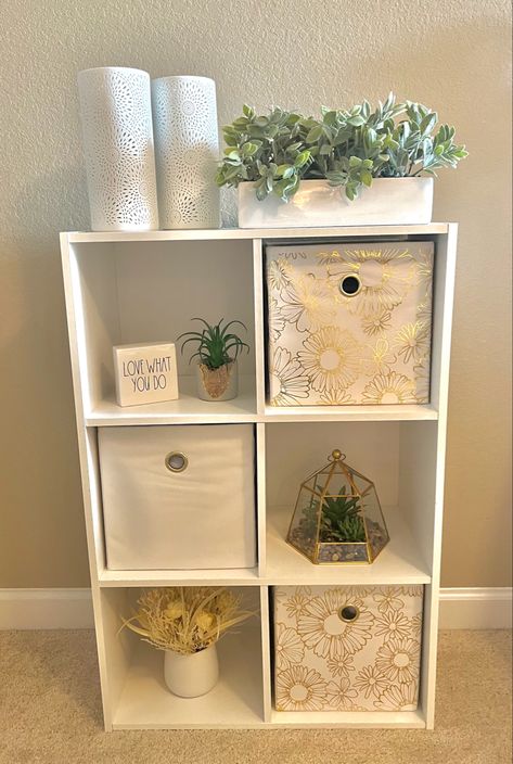 Green Gold And White Room Aesthetic, Storage Bins Aesthetic, Decorate Cube Shelves, Cube Storage Decor Bedroom, White Box Shelves, Storage Boxes Ideas, Cream White Room, Bedroom Book Shelf, Storage Box Aesthetic