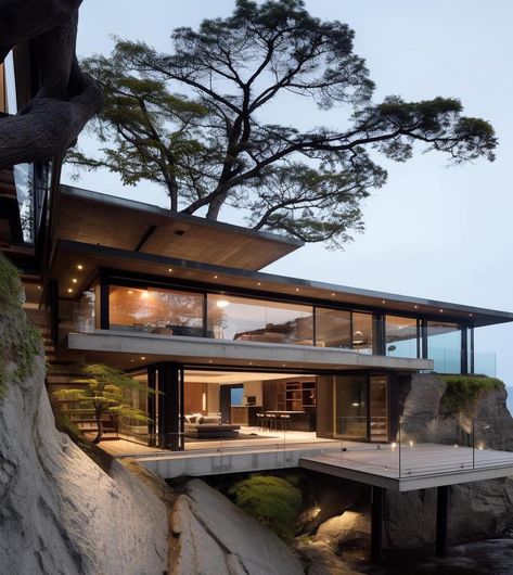 Modern Balinese House, Houses On A Cliff, Cliff Homes Architecture, Modern House On Cliff, Mansion On A Cliff, Cliffside House Ocean Views, Slope House, Cliff House, Modern Mountain Home