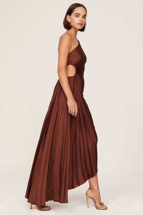 One Shoulder Gown, Dress Pleated, Brown Satin, Rent The Runway, Measurement Length, Side Zipper, Backless Dress, One Shoulder, Women's Dress