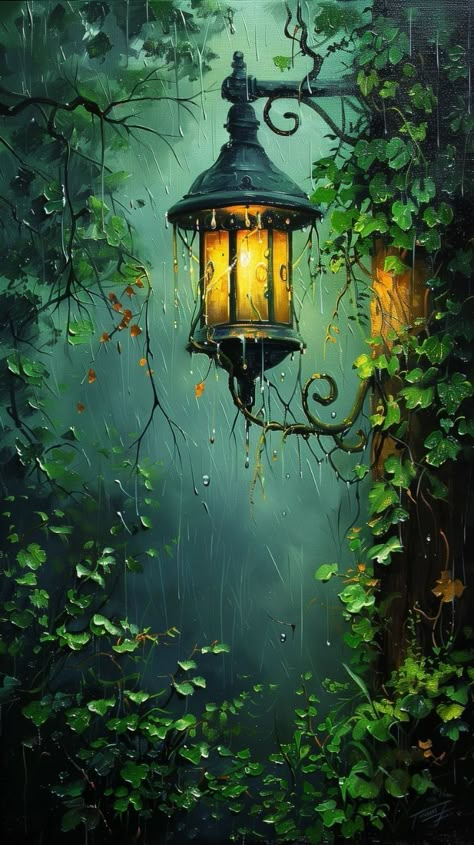 Landscape Paintings Oil Painting, Lantern Painting Ideas, Green Painting Aesthetic, Lantern Pictures, Forest Lamp, Lamp Painting, Lamp Photography, Lantern Painting, Beautiful Landscape Paintings