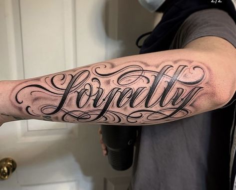 Forearm Word Tattoo, Forearm Name Tattoos, Last Name Tattoos, Name Tattoos On Arm, Tattoo Font For Men, Loyalty Tattoo, Tattoo Writing, Names Tattoos For Men, Sleeve Tattoos For Guys