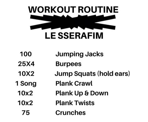 Sserafim Workout, Le Sserafim Workout, Up Down Plank, Squat Hold, Jump Squats, Jumping Jacks, Burpees, Mood Pics, Workout Routine