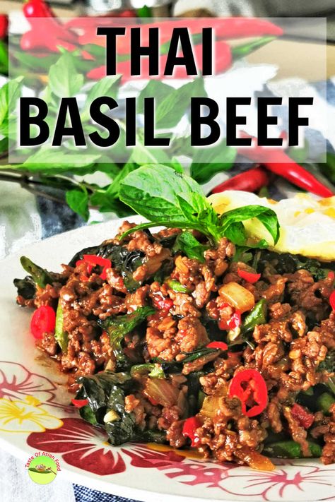 Thai basil beef (pad gra prow) made easy. A savory and spicy Thai street food prepared with basil, fish sauce, and chili.


Savory, spicy, and packed with the flavor of basil and fish sauce, that is what flashes across my mind when I think of Thai basil beef.
Thai basil beef is so versatile that it can be served as Thai basil beef noodles or Thai basil beef bowl top with a fried egg. Thai Basil Recipes, Basil Beef, Thai Basil Beef, Basil Fried Rice, Minced Beef Recipes, Beef Bowl, Thai Beef, Beef Noodles, Minced Beef