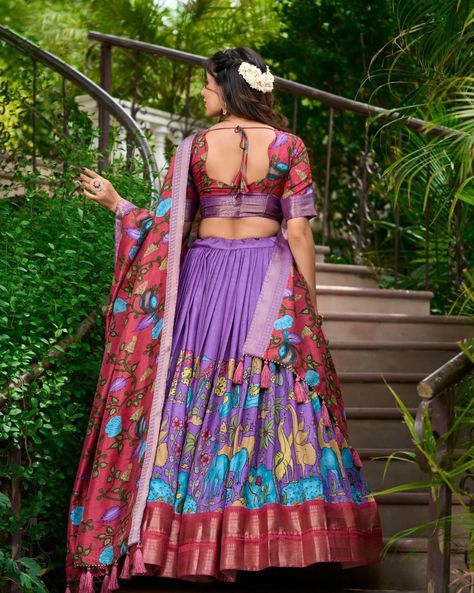 PRICE- ₹1799/-FREE SHIP/CASH ON DELIVERY ✅ ￼ *Lehenga(Stitched)* Lehenga Fabric : Dola Silk Lehenga Work : Kalamkari Print With Zari Weaving Border Waist : SUPPORTED UP TO 42 Lehenga Stitching : Stitch With Canvas Lehenga Closer : Drawstring With Zip Length : 41 Flair : 3.80 Meter Inner : Micro Cotton *Blouse(Unstitched)* Blouse fabric : Dola Silk Blouse Work : Printed With Zari Weaving Border Blouse Length : 0.90 Meter *Dupatta* Dupatta Fabric : Dola Silk Dupatta work : Kalamkari Pri... Silk Blouse Work, Tassels Dupatta, Lehenga Stitching, Lehenga Stitched, Kalamkari Dresses, Kalamkari Print, Lehenga Fabric, Stitched Lehenga, Lengha Choli