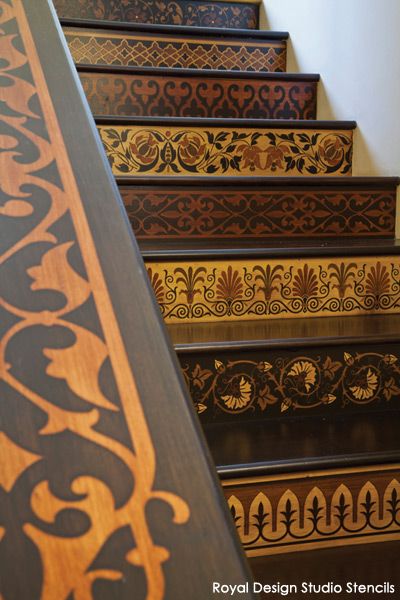 Stenciled Stairs, Royal Design Studio Stencil, Casa Country, Stair Case, Painted Stairs, Wooden Stairs, Stair Risers, Stencil Patterns, Cool Ideas