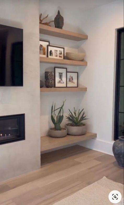 Floating Shelves Living Room Alcove, Living Room Recessed Wall, Nordic Living Room With Fireplace, Recessed Shelves Dining Room, Floating Shelves Alcove, Alcove Floating Shelves, Inside Wall Shelves, Floating Shelves Living Room Fireplace, Floating Shelves Fireplace Surround