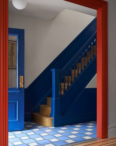 Cobalt Blue Exterior House, Cobalt Blue Walls, Colourful Hallway, Upstairs Lounge, Blue Hallway, Parlor Floor, Hallway Colours, Tiled Hallway, Yellow Bedroom