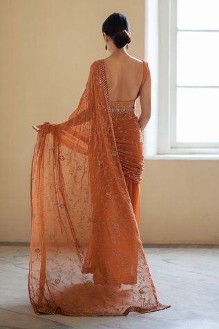 Shop for Nimbus Orange Hand Embroidered And Pre-draped Saree Set for Women Online at Aza Fashions Orange Saree Aesthetic, Rust Orange Saree, Blouse Inspo For Saree, Sangeet Sarees, Saree In Wedding, Orange Saree Look, Different Types Of Saree Draping, Types Of Saree Draping, Indian Saree Aesthetic