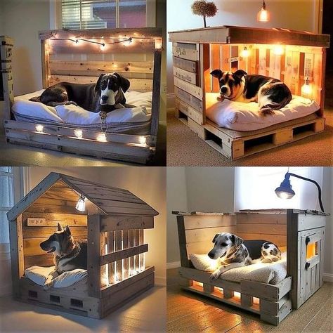 Indoor Dog House Diy, Dog House Inside, Luxury Dog House, Pallet Dog House, Dog Bed Frame, Wood Dog Bed, Dog Room Decor, Pallet Furniture Ideas, Wooden Dog Bed