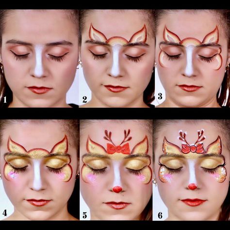 Face Paint Step By Step, Deer Face Paint, Reindeer Face Paint, Reindeer Makeup, Face Paint Tutorial, Superhero Face Painting, Paint Step By Step, Face Painting Flowers, Christmas Face Painting