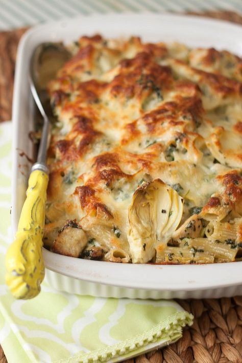 Chicken, Artichoke and Spinach Pasta Bake Artichoke Pasta Bake, Spinach And Artichoke Pasta, Chicken Spinach Artichoke, Spinach Artichoke Pasta, Artichoke Pasta, Chicken Spinach, Spinach Artichoke, Spinach Stuffed Chicken, Pasta Bake