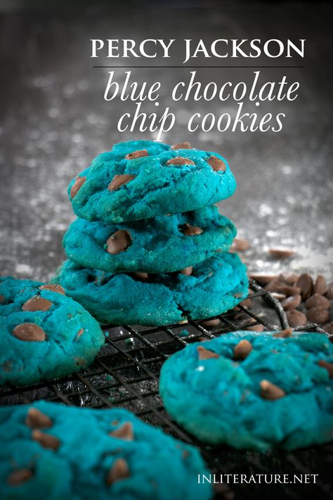 While it may not be in liquid form, these delicious blue chocolate chip cookies are what I imagine Percy Jackson's elixir to taste like. Super quick and easy to make as well! Blue Cookie Recipe, Percy Jackson Blue Cookies Recipe, Blue Cookies Recipe, Blue Cookie Monster Cookies, Percy Jackson Cookies, Percy Jackson Recipes, Blue Food Ideas Party, Blue Chocolate Chip Cookies, Percy Jackson Birthday