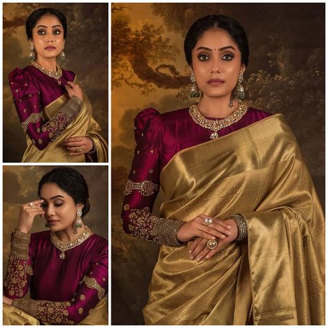 Blouse Designs Full Neck, Golden Sari Blouse Designs, Golden Saree With Full Sleeve Blouse, Full Sleeves Work Blouse Designs, Sari Blouse Designs Full Sleeves, Silk Saree With Full Sleeve Blouse, Silk Saree Full Sleeve Blouse, Puff Full Sleeves Blouse Designs, Bridal Full Sleeve Blouse