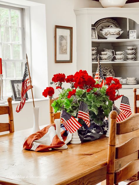 Patriotic Centerpieces, Vintage Patriotic, Red Geraniums, Fourth Of July Decor, Red Decor, 4th Of July Decorations, Patriotic Holidays, Home Decorating Ideas, July Party