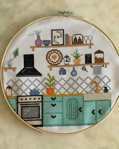 What To Do With Cross Stitch Projects, Easy Cross Stitch Patterns For Beginners, Cross Stitch Aesthetic, Kitchen Cross Stitch Patterns, Cross Stitch Simple, Cross Stitch Decor, Cross Stitch Home, Cross Stitch Cushion, Beginner Cross Stitch