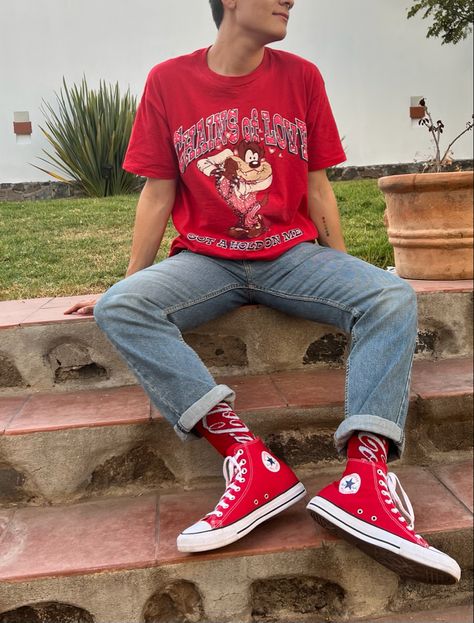 Red Converse Outfit Men, Converse Outfit Men, Red Converse Outfit, Converse Shirt, Converse Outfit, Red Converse, Outfits With Converse, Aesthetic Boy, Little Outfits