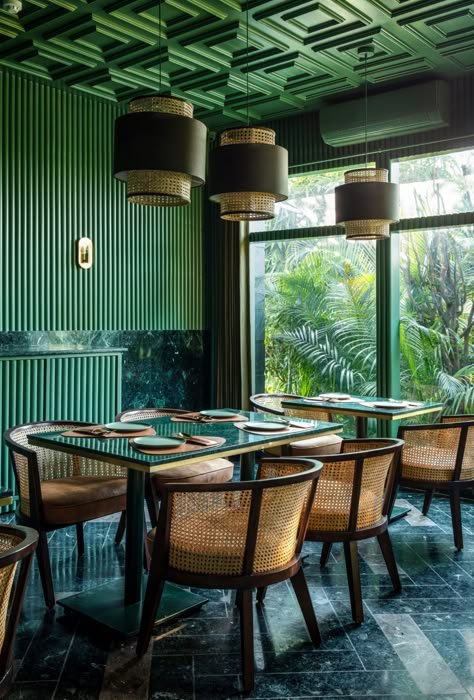 Studio Renesa creates green granite interior at Elgin Cafe Bistro Interior Design Ideas, Restaurant Color Ideas, Wood Cafe Design, Restaurant Color Palette, Bistro Interior Design, Restaurant Table Design, Bistro Interior, Bistro Design, Greens Restaurant