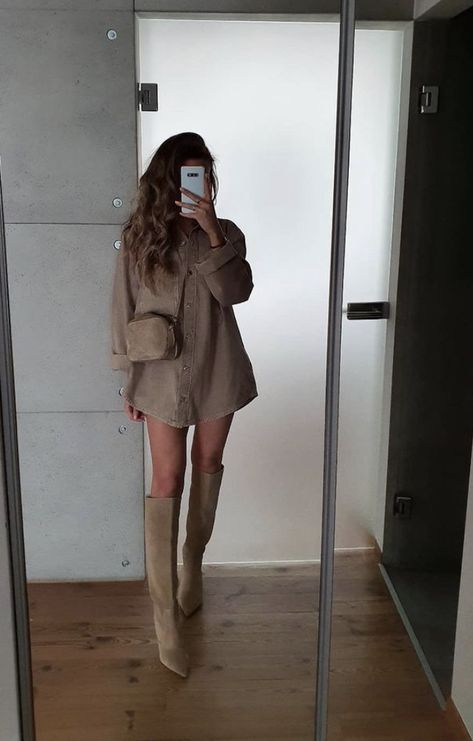 Taupe Knee High Boots Outfit Winter, Philadelphia Outfit Fall, Romper Boots Outfit, Light Suede Boots Outfit, Taupe Cowboy Boots Outfit, Suede Thigh High Boots Outfit, Beige Long Boots Outfit, 15 Degree Weather Outfit, Dress With Rain Boots