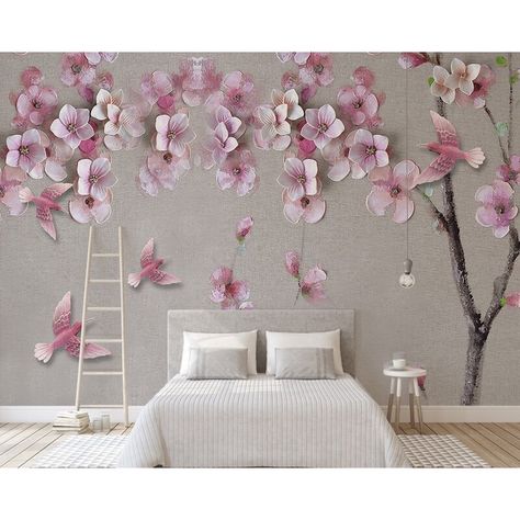 World Menagerie Tukwila 3D Cherry Blossom Oil Painting Flower Texture Wall Mural | Wayfair Cherry Blossom Nursery, Lifestyle Painting, Peach Blossom Flower, Floral Wallpaper Nursery, Wallpaper Feature, Wallpapers For Walls, Kindergarten Wallpaper, Wall Wallpapers, Pink Birds