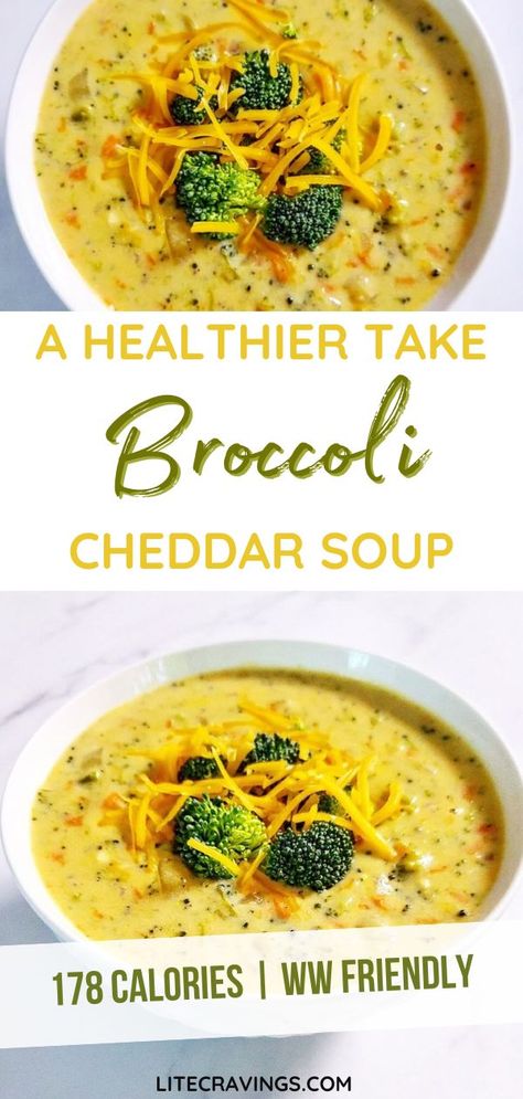 Satisfy your comfort food cravings without the guilt with Lightened-Up Broccoli Cheddar Soup. This wholesome and delicious soup takes the classic favorite and gives it a nutritious makeover. Creamy and cheesy, with tender broccoli florets, it's a bowl of pure comfort that's perfect for any time of year. What sets this recipe apart is its focus on lighter ingredients without sacrificing flavor. Dive into a velvety, satisfying soup that's rich in taste but lower in calories and fat. Healthy Panera Broccoli And Cheese Soup, Healthier Broccoli Cheddar Soup, Slow Cooker Broccoli Soup, Healthy Broccoli Cheddar Soup, Clean Soup, Healthy Broccoli Cheese Soup, Carissa Stanton, Cauliflower Cheddar Soup, Broccoli Soup Healthy