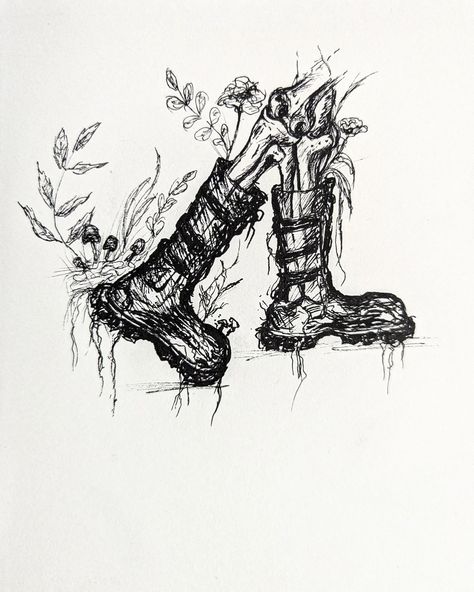 Inktober day 3: Boots Morphing with the outdoors ____ #inktober2024boots #inktober2024 #illustrationsketch Illustration Sketches, The Outdoors, Boots, Drawings