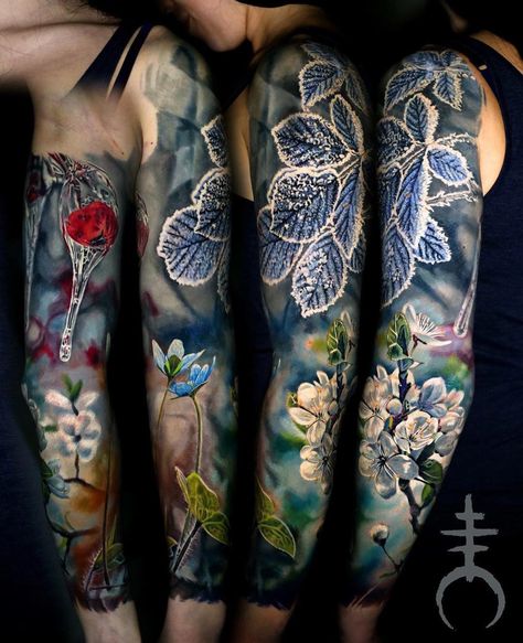 Spring and winter sleeve with frozen leaves and ice above cherry blossom and other pretty flowers. Tattoo by El Mori, an artist based in Munich, Germany. Feather Tattoo For Men, Full Arm Sleeve Tattoo, Amazing 3d Tattoos, Band Tattoos, Full Sleeve Tattoo Design, Ribbon Tattoos, Tattoos Geometric, Full Sleeve Tattoos, Full Sleeve Tattoo