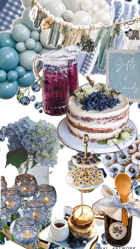 Tea Party Themed Baby Shower Ideas Boy, Blue Brunch Food, May Baby Shower Ideas Boy, Boy Tea Party Baby Shower Ideas, Blueberry Shower Theme, Baby Boy Sprinkle Themes Spring, Blueberry Birthday Theme, Baby Shower Inspo Boy, Berry First Birthday Blueberry