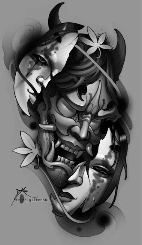 Hanya Mask Black And Grey, Hanya Mask Tattoo Design Black And Grey, Mask Tattoo Japanese, Hanya Mask Tattoo Design, Sean Tattoo, Hannya Maske Tattoo, Japanese Forearm Tattoo, Hanya Mask Tattoo, Hannya Maske