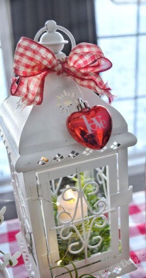 Valentine Lantern Ideas, Valentines Centerpieces Table, Valentine Centerpieces Diy, Valentines Bunco, Valentines Porch, Valentines Lunch, Valentine Lantern, Lantern Decor Ideas, Valentines Banquet