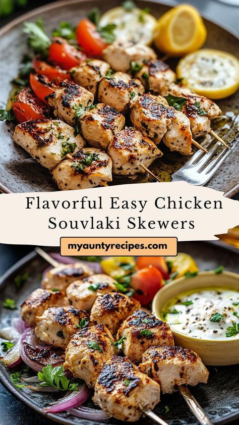 Enjoy the deliciousness of our Flavorful Easy Chicken Souvlaki Skewers! Marinated in a blend of olive oil, lemon, and spices, this chicken is grilled to perfection for a flavorful meal. Serve these skewers with a side of rice or a Greek salad for a balanced dish. Perfect for entertaining or family dinners, this recipe brings a taste of the Mediterranean right to your home! Chicken Skewers Grilled, Souvlaki Skewers, Marinated Chicken Skewers, Greek Chicken Skewers, Greek Chicken Souvlaki, Greek Marinated Chicken, Chicken Skewer Recipe, Chicken Souvlaki, Skewers Grill