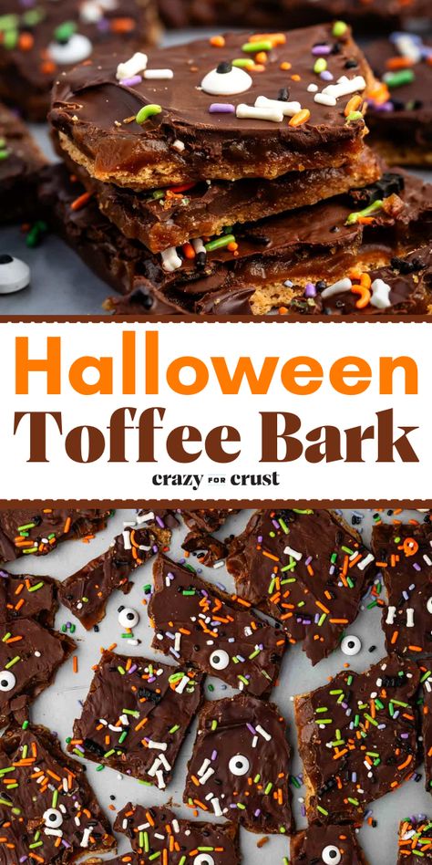 Looking for Halloween party ideas? Here's a Halloween bark recipe! Made with graham crackers, chocolate, and sprinkles, this toffee bark is a simple Halloween dessert everyone will enjoy. Definitely the perfect Halloween treat to make! Halloween Cracker Toffee, Halloween Cracker Bark, Halloween Bark Recipes, Leftover Halloween Candy Recipes, Halloween Candy Bark, Candy Stash, Graham Cracker Toffee, Fun Halloween Desserts, Halloween Bark