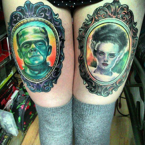 Frankenstein and Bride tattoos Cameo Tattoo, Frankenstein Tattoo, Framed Tattoo, Brides With Tattoos, Scary Tattoos, Gothic Tattoo, Horror Tattoo, Halloween Tattoos, Great Tattoos