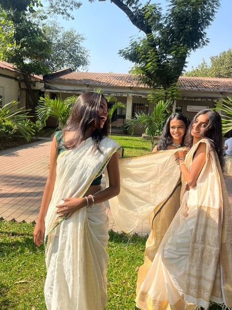 Onam Photo Ideas With Friends, Onam Saree Poses With Friends, Onam Pictures Aesthetic, Farewell Transition With Friends, Malayali Aesthetic, Onam Pics, Onam Poses, Saree Poses With Friends, Onam Outfits