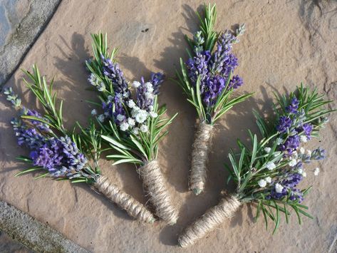 rosemary buttonholes | Lavender and Rosemary Buttonholes wrapped in twine are a stunning ... Lavender Wedding Decorations, Lavender Wedding Flowers, Floristry Design, Button Holes Wedding, Lavender Bouquet, Bridal Ideas, Bouquet Bridal, Boutonniere Wedding, Lavender Wedding