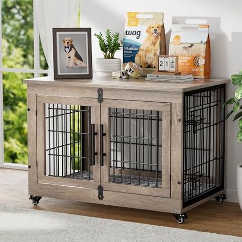 YaFiti Dog Crate Furniture with Cushion, Wooden Dog Kennel with Double Doors, Heavy Duty Dog Cage End Table with Wheels, Dog House Indoor for Small Medium Dogs up to 45 lb, 32.5” L, Grey Furniture Dog Kennel, Dog Kennel Indoor, Dog House Indoor, Wooden Dog Kennels, Dog Kennel Furniture, Doors Wooden, Dog Crate Furniture, Crate Furniture, Dog Cages