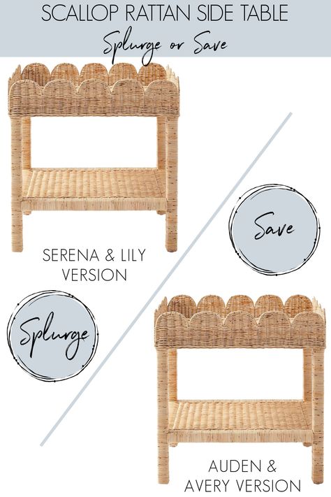 Scalloped rattan side table save vs splurge versions Rattan Side Table Living Room, Woven Side Table, Scallop Side Table, Scalloped Side Table, Scallop Chandelier, Scalloped Decor, Scallop Basket, Oceanside Cottage, Coastal Side Table