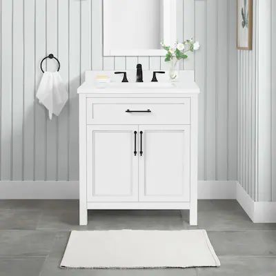 30-in Bathroom Vanities with Tops at Lowes.com Removable Backsplash, Engineered Stone Countertops, White Spruce, Ceramic Undermount Sink, Sleek Bathroom, Stone Countertop, Freestanding Vanity, Small Bathroom Vanities, Blue Bath