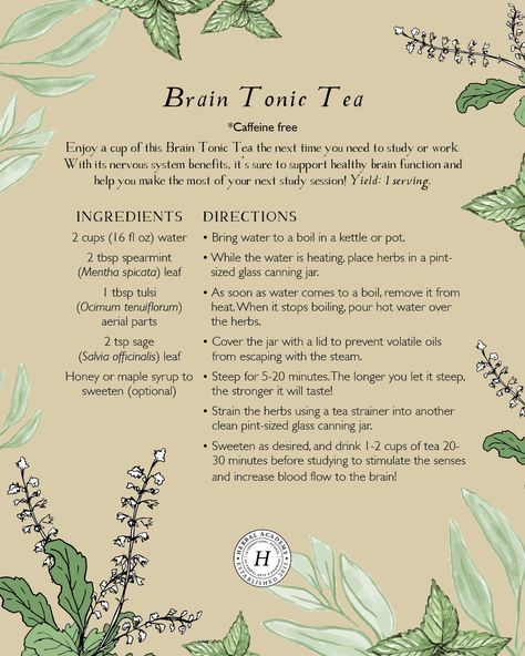 🌿📖 Boost brainpower naturally with our FREE ebook! 🧠 Discover 11 herbal recipes for memory and focus, including Lion’s Mane Matcha Tea, Lemme Think Lemonade, Memory Boost Nut Butter, and more. 🍵🍋🥜 Get your ebook now and nourish your mind the herbal way! #HerbalAcademy #BrainHealth 🌱📚 Herbal Tea Uses, Herbs For Memory And Focus, Herbal Remedy Recipes, Herbal Elixir Recipes, Herbal Tea Blends Recipes, Wicca Kitchen, Homestead Compound, Herbs For Memory, Herbal Pantry