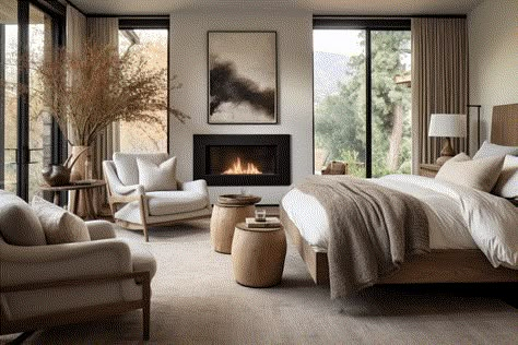 21 Cozy Earthy Bedroom Design Ideas Master Room Sitting Area, Primary Bedroom Fireplace, Fireplace Bedroom Ideas Master Suite, Sitting Area In Bedroom Master Suite, Moody Home Aesthetic, Sophisticated Teen Bedroom, Bedroom Sitting Area Ideas, White Walls And Ceiling, Bed And Closet