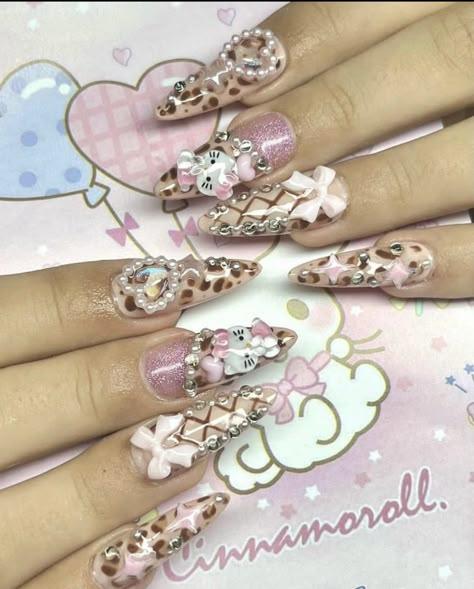 Punk Nails, Hello Kitty Nails, Leopard Nails, Pretty Gel Nails, Really Cute Nails, Soft Nails, Cat Nails, Kawaii Nails, Pink Acrylic Nails