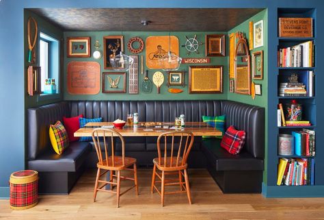 breakfast nook design ideas wisconsin summer cabin banquette Camp Interior Design, Camp Bathroom, Camp Interior, Green Chesterfield Sofa, Retro Cabin, Wisconsin Summer, Stained Trim, Country Living Fair, Summer Cabin