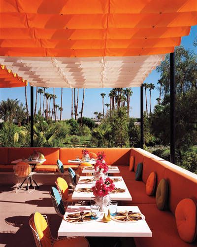 ELLE DECOR GOES TO PALM SPRINGS    The terrace of Norma’s, at the Parker Palm Springs. The Parker Palm Springs, Palm Springs Aesthetic, Palm Springs Architecture, Palm Springs Bachelorette, Salvation Mountain, Parker Palm Springs, Palm Springs Style, Mid Century Architecture, Palm Springs California