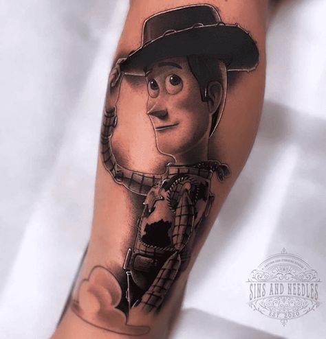 Toy Story Tattoo Design Images (Toy Story Ink Design Ideas) Woody Toy Story Tattoo Ideas, Woody Tattoo Ideas, Disney Tattoo Sleeve Ideas, Disney Pixar Tattoo Ideas, Woody Tattoo Toy Story, Tatuagem Toy Story, Toy Story Tattoo Ideas, Toy Story Tattoos, Story Tattoo Ideas