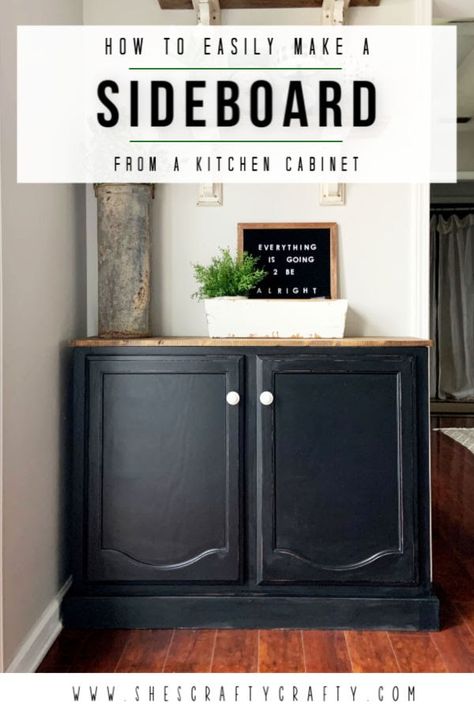 How to easily make a Dining Room Sideboard from a kitchen cabinet  |  DIY instructions for turning an upper cabinet into a functional piece of furniture in your dining room  |   She's Crafty Repurpose Upper Cabinets, Repurpose Upper Kitchen Cabinets, Kitchen Cabinet Sideboard, Diy Kitchen Sideboard Ideas, Buffet Cabinet Diy, Kitchen Sideboard Ideas, Diy Buffet Cabinet, Kitchen Cabinet Diy, Diy Buffet