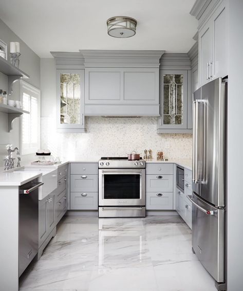 Emily Henderson Modern Tudor Kitchen What I Would Have Done Intergrated 12 1 Mirrored Kitchen Cabinet, Herringbone Backsplash, U Shaped Kitchen, Marble Flooring, Cozy Design, New Kitchen Cabinets, Cabinet Finishes, Grey Kitchen Cabinets, Kitchen Floor Tile