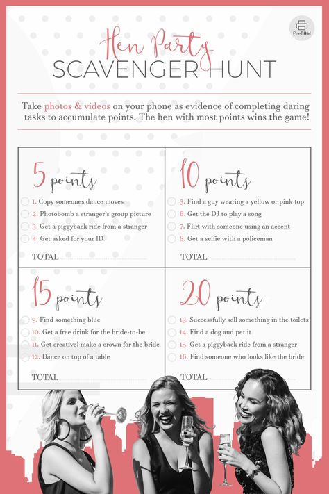 What better way to make the hen weekend celebrations fun and unique than with your own hen party scavenger hunt? It’s a great way to add some personal touches to the bride-to-be’s special day. We have put together some unique treasure hunt ideas that you can put together as well as some free printables. #hendoideas #henpartyactivities #henpartyideas #henpartyplanning #henpartygames #hendogames #bachelorettegames #henpartyscavengerhunt #henpartytreasurehunt #scavengerhunt #treasurehunt Hens Scavenger Hunt Ideas, Hen Do Scavenger Hunt Ideas, Unique Hen Do Ideas, Hens Day Ideas, Hen Do Scavenger Hunt, Hen Party Scavenger Hunt, Bride Scavenger Hunt, Bridal Scavenger Hunt Bachelorette, Hen Party Ideas Activities