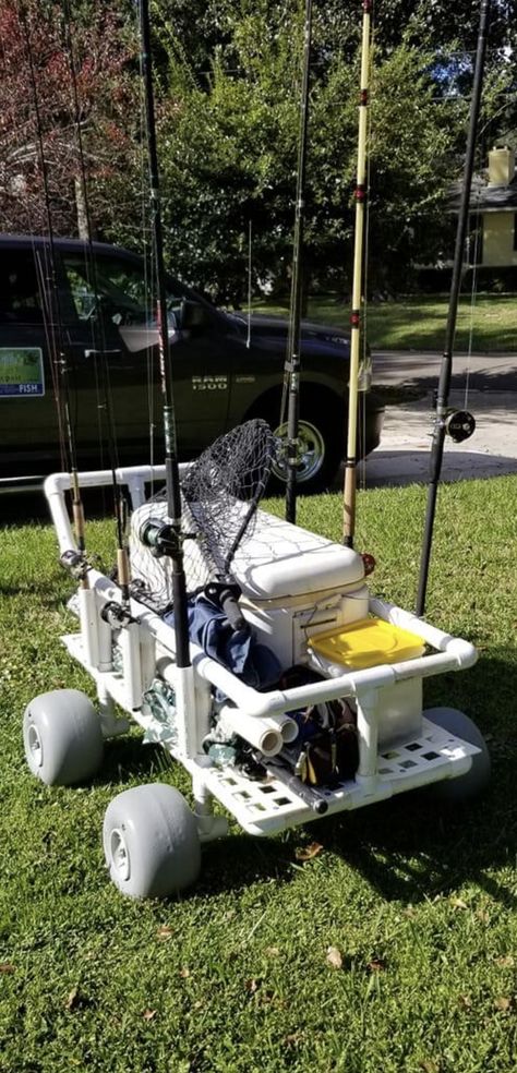 Beach Fishing Cart, Fishing Cart, Beach Cart, Fishing Stuff, Beach Fishing, Camping Hacks, Outdoor Power Equipment, Kayaking, Fishing